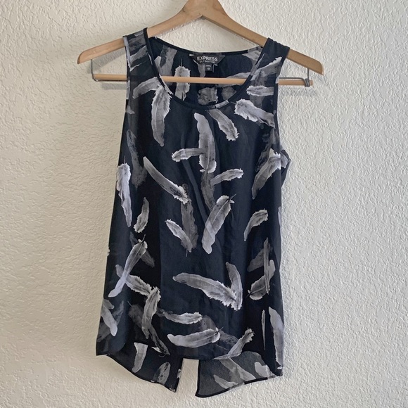 Express Split Back Tank Black Gray Feathers Top Blouse Sleeveless - XS - Picture 7 of 7